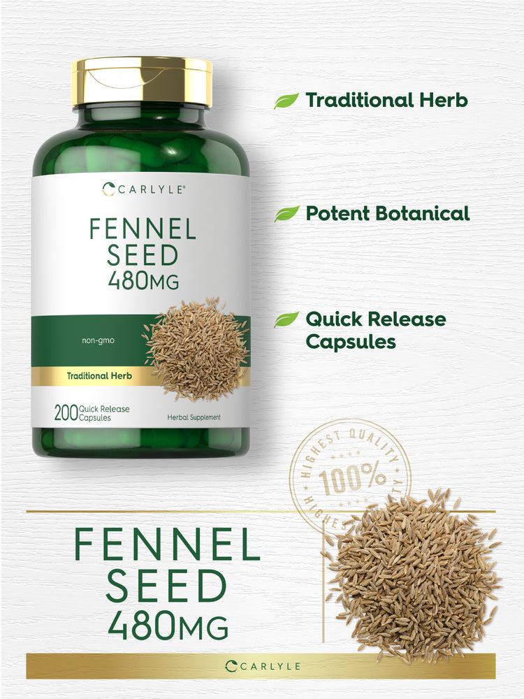 Graphic stating Traditional Herb, Potent Botanical, Quick Release Capsules, with Carlyle Fennel Seed 480MG bottle and fennel seeds