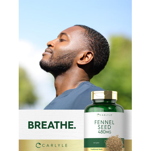 View 12 Lifestyle image of adult outdoors with eyes closed, Carlyle Fennel Seed 480MG bottle, and graphic stating BREATHE.