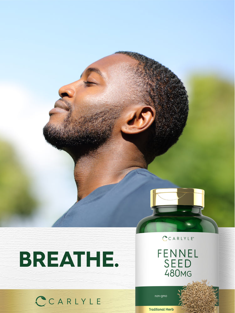 Lifestyle image of adult outdoors with eyes closed, Carlyle Fennel Seed 480MG bottle, and graphic stating BREATHE.