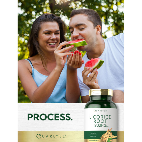 View 11 Lifestyle image of adults eating watermelon outdoors with Carlyle Licorice Root 900MG bottle and graphic stating PROCESS.