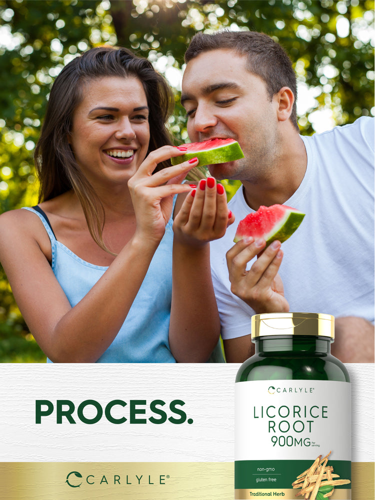 Lifestyle image of adults eating watermelon outdoors with Carlyle Licorice Root 900MG bottle and graphic stating PROCESS.
