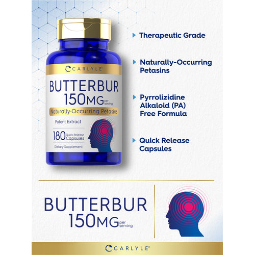 View 7 Graphic stating Therapeutic Grade, Naturally-Occurring Petasins, Pyrrolizidine Alkaloid (PA) Free Formula, Quick Release Capsules