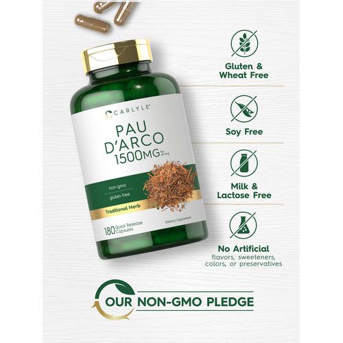 View 6 Bottle with capsules and icons indicating Gluten & Wheat Free, Soy Free, Milk & Lactose Free, No Artificial flavors, sweeteners, colors, or preservatives, and Our Non-GMO Pledge.