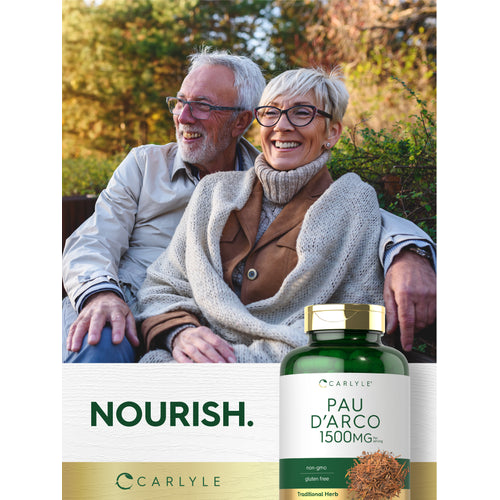 View 10 Lifestyle image of smiling older adults sitting outdoors with Pau D’Arco 1500MG supplement bottle and graphic stating NOURISH.