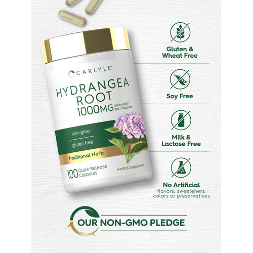 View 9 Carlyle Hydrangea Root 1000 mg bottle with capsules and icons indicating Gluten & Wheat Free, Soy Free, Milk & Lactose Free, No Artificial flavors, sweeteners, colors or preservatives