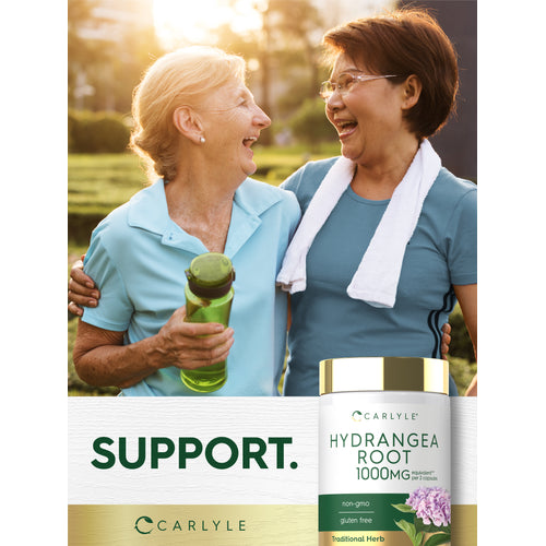 View 10 Lifestyle image of two women outdoors with water bottle and Carlyle Hydrangea Root 1000 mg supplement bottle, with graphic stating SUPPORT