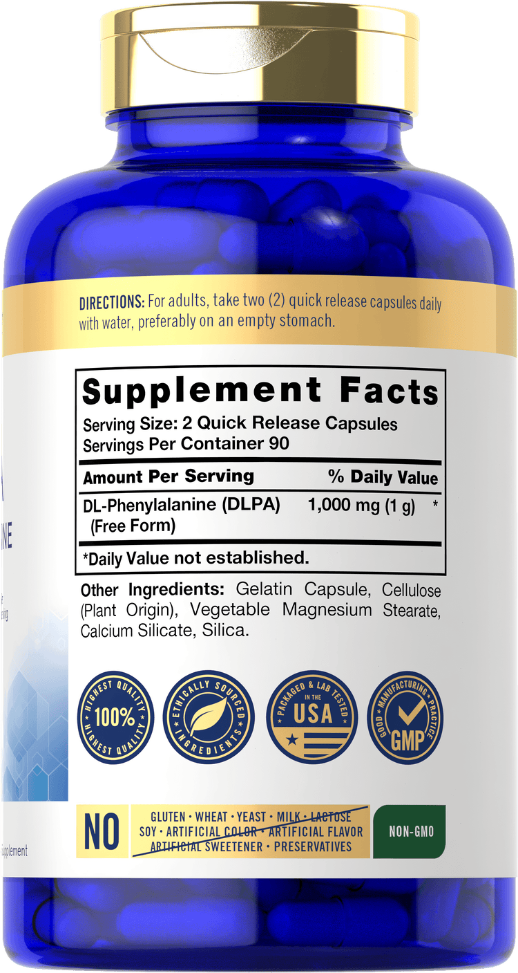 Back label / Supplement Facts for Carlyle DL-Phenylalanine (DLPA) 1,000 mg, showing directions, other ingredients, quality badges, dietary attributes, and Non-GMO formula