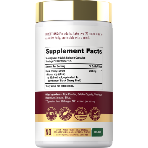View 5 lack Cherry Extract 280 mg, other ingredients, quality badges, and icons indicating Gluten & Wheat Free, Milk & Lactose Free, Soy Free, Non-GMO