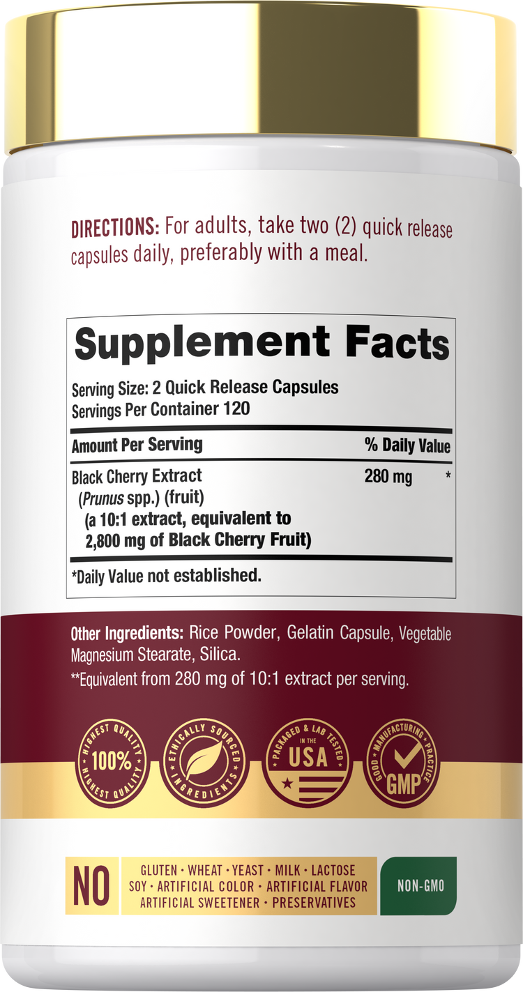 lack Cherry Extract 280 mg, other ingredients, quality badges, and icons indicating Gluten & Wheat Free, Milk & Lactose Free, Soy Free, Non-GMO