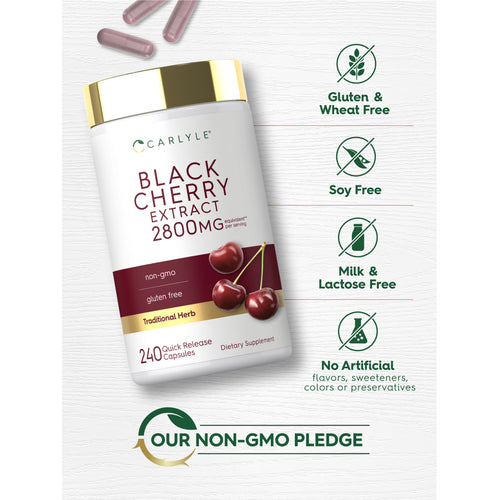 View 11 Bottle with capsules and icons indicating Gluten & Wheat Free, Soy Free, Milk & Lactose Free, No Artificial flavors, sweeteners, colors or preservatives, and Our Non-GMO Pledge.