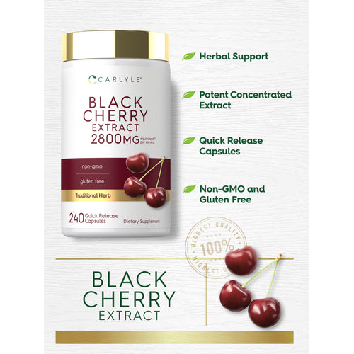 View 9 Product graphic stating Herbal Support, Potent Concentrated Extract, Quick Release Capsules, Non-GMO and Gluten Free, Black Cherry Extract, and Finest Quality 100%.
