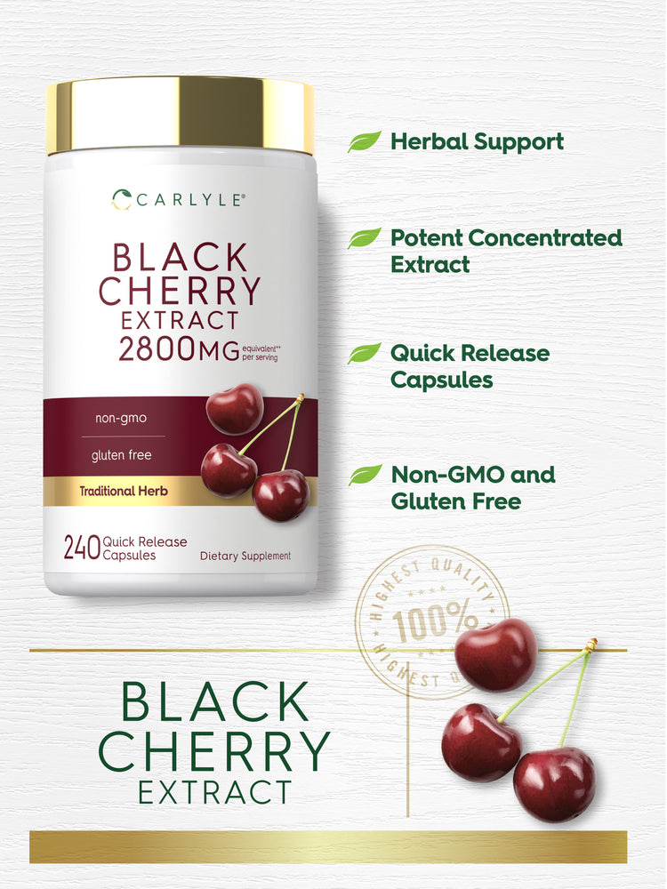 Product graphic stating Herbal Support, Potent Concentrated Extract, Quick Release Capsules, Non-GMO and Gluten Free, Black Cherry Extract, and Finest Quality 100%.