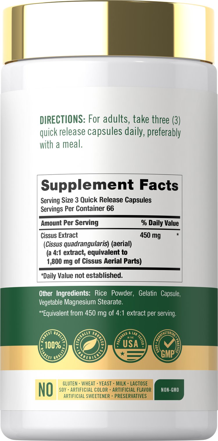 Back label / Supplement Facts for Cissus Extract quick release capsules