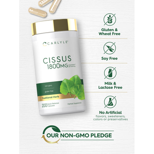 View 9 Cissus bottle with icons indicating Gluten & Wheat Free, Soy Free, Milk & Lactose Free, No Artificial flavors, sweeteners, colors or preservatives, and Our Non-GMO Pledge