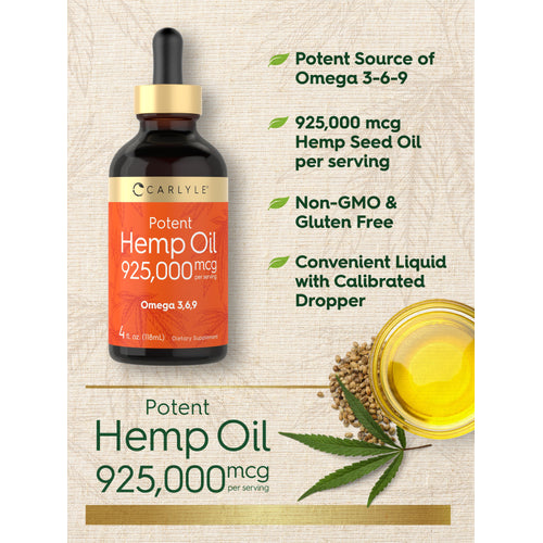 View 10 Product graphic stating Potent Source of Omega 3-6-9, 925,000 mcg Hemp Seed Oil per serving, Non-GMO & Gluten Free, Convenient Liquid with Calibrated Dropper