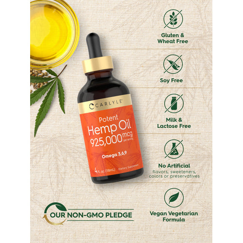 View 11 Hemp Oil bottle with icons indicating Gluten & Wheat Free, Soy Free, Milk & Lactose Free, No Artificial Additives, Non-GMO, Vegan.