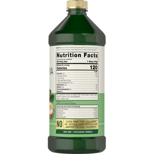 View 9 Back label / Nutrition Facts for Macadamia Nut Oil, showing 120 calories per serving, 32 servings per container