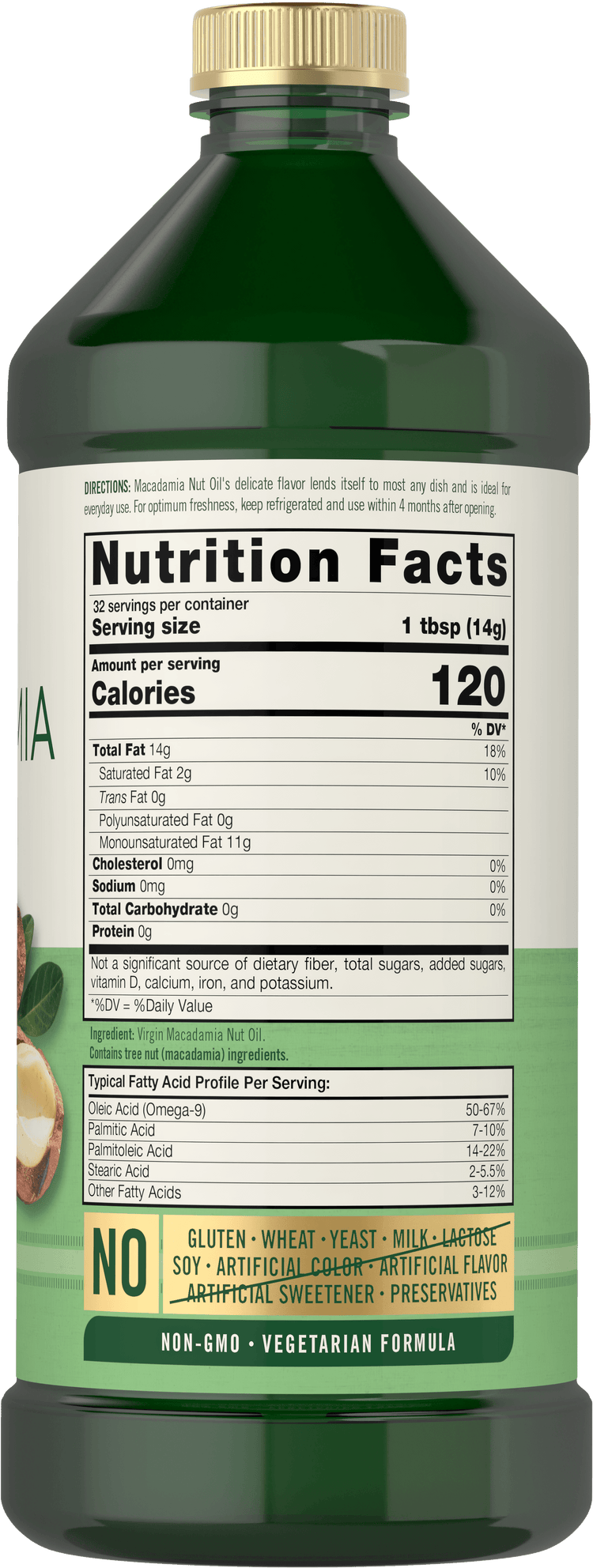 Back label / Nutrition Facts for Macadamia Nut Oil, showing 120 calories per serving, 32 servings per container