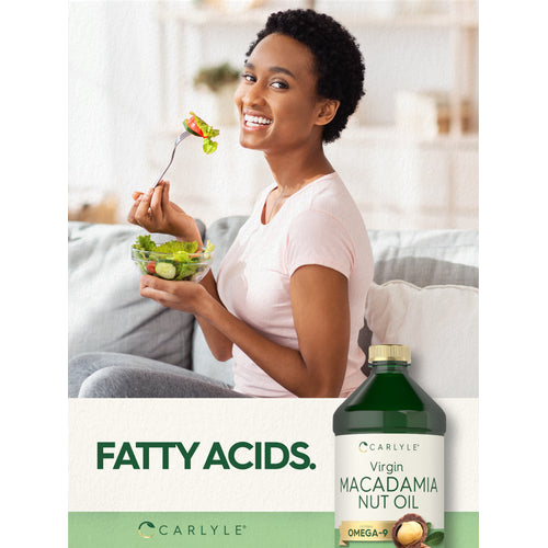 View 12 Lifestyle image of adult eating a salad with Carlyle Virgin Macadamia Nut Oil bottle and graphic stating FATTY ACIDS.