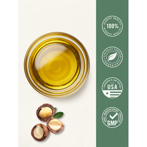 View 8 Graphic showing golden oil and macadamia nuts with badges stating Highest Quality 100%, Ethically Sourced Ingredients, Packaged & Lab Tested in the USA