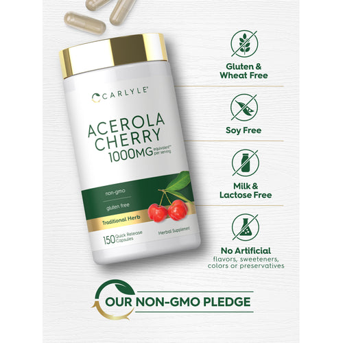 View 9 Carlyle Acerola Cherry 1000MG bottle with icons indicating Gluten & Wheat Free, Soy Free, Milk & Lactose Free, No Artificial flavors, sweeteners, colors or preservatives, and Our Non-GMO Pledge.