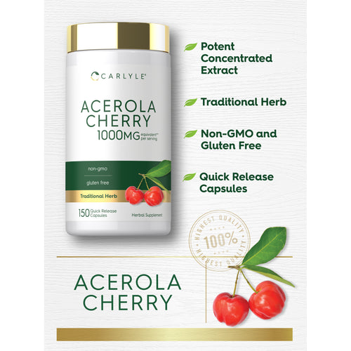 View 7 Product highlights graphic stating Potent Concentrated Extract, Traditional Herb, Non-GMO and Gluten Free, Quick Release Capsules; Carlyle Acerola Cherry 1000MG bottle with acerola cherries shown
