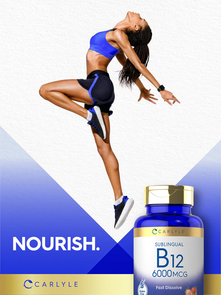 Lifestyle image of adult jumping in athletic wear with Carlyle Sublingual B12 6000MCG bottle and graphic stating NOURISH.