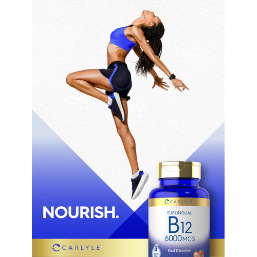 View 12 Lifestyle image of adult jumping in athletic wear with Carlyle Sublingual B12 6000MCG bottle and graphic stating NOURISH.