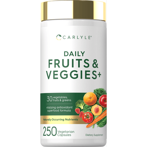 View 1 Daily Fruits & Veggies+ 250 Vegetarian Capsules with a label showing various fruits and vegetables.
