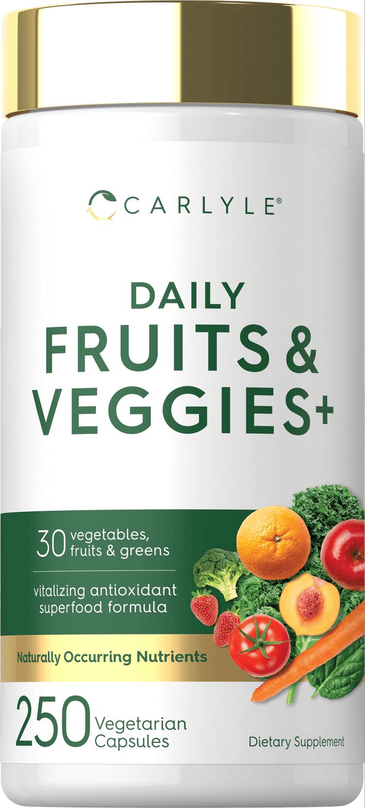 Daily Fruits & Veggies+ 250 Vegetarian Capsules with a label showing various fruits and vegetables.