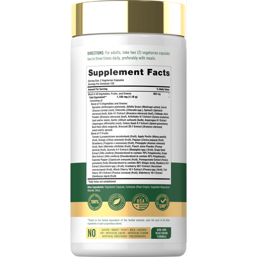 View 2 Supplement Facts panel for Carlyle Daily Fruit & Veggies 250 Capsules on the product bottle.
