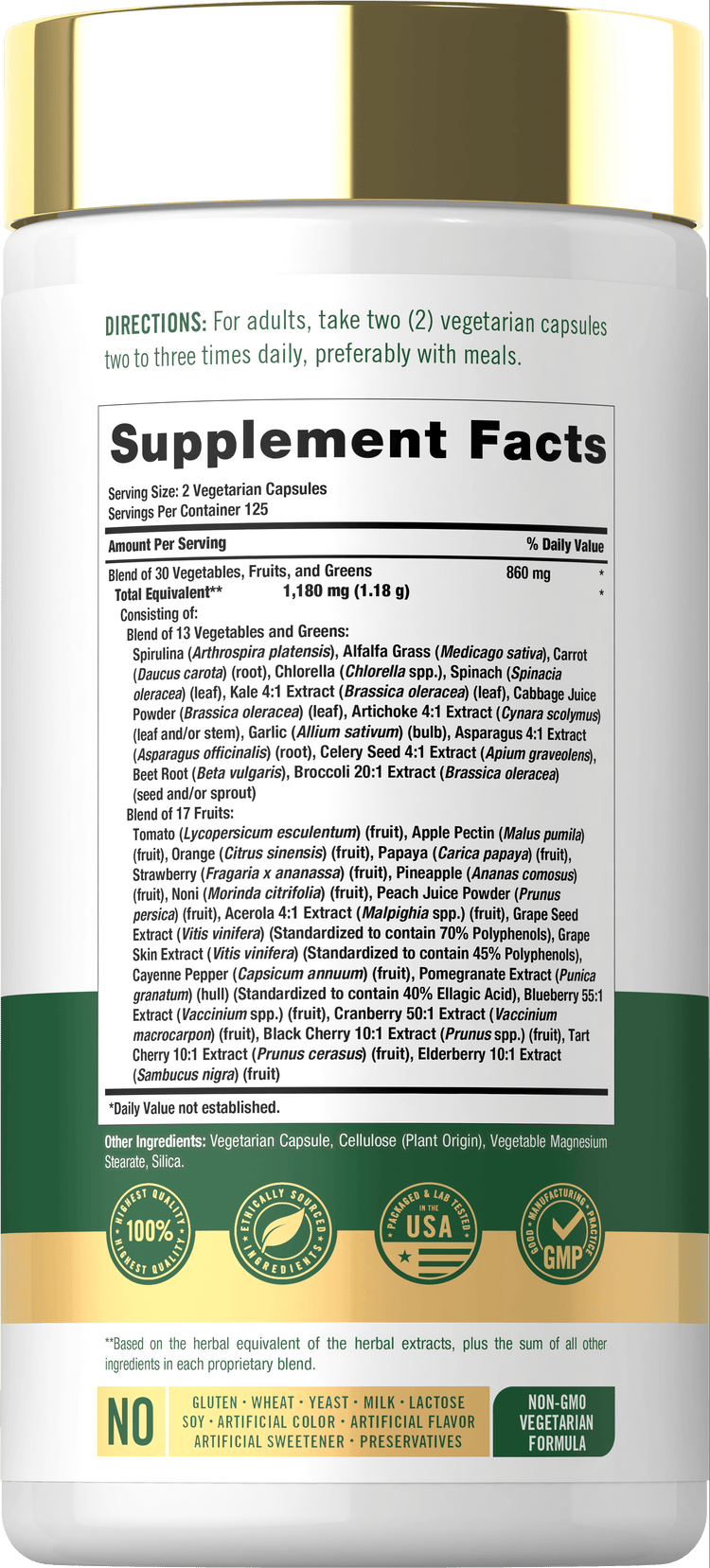 Supplement Facts panel for Carlyle Daily Fruit & Veggies 250 Capsules on the product bottle.