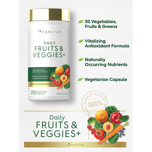View 4 Carlyle Daily Fruits & Veggies+ 250 Vegetarian Capsules, with 30 vegetables, fruits & greens, vitalizing antioxidant superfood formula.
