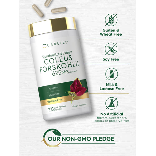 View 11 Carlyle Coleus Forskohlii 625MG bottle with icons indicating Gluten & Wheat Free, Soy Free, Milk & Lactose Free, No Artificial flavors, sweeteners, colors or preservatives, and Our Non-GMO Pledge