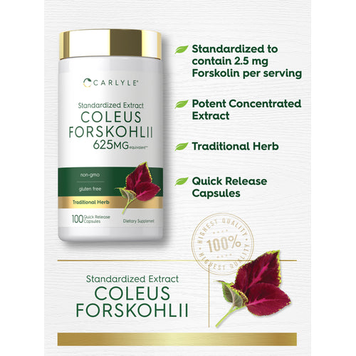 View 9 Graphic stating Standardized to contain 2.5 mg Forskolin per serving, Potent Concentrated Extract, Traditional Herb, Quick Release Capsules