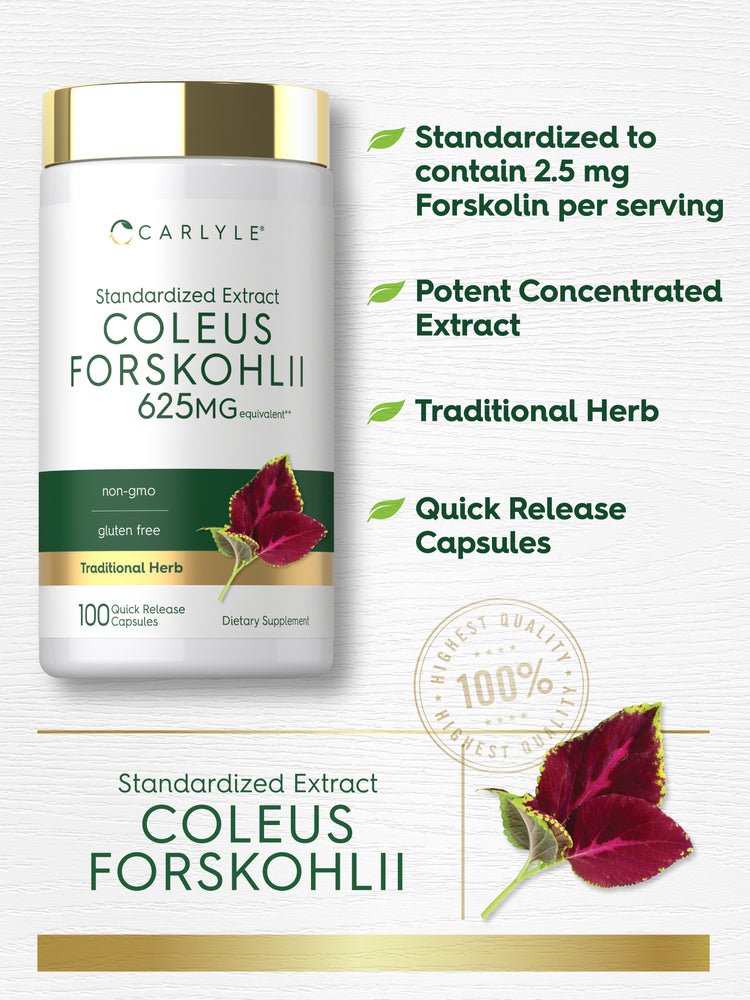 Graphic stating Standardized to contain 2.5 mg Forskolin per serving, Potent Concentrated Extract, Traditional Herb, Quick Release Capsules