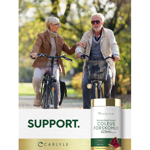 View 12 Lifestyle image of older adults riding bicycles outdoors with Carlyle Coleus Forskohlii 625MG bottle and graphic stating SUPPORT.