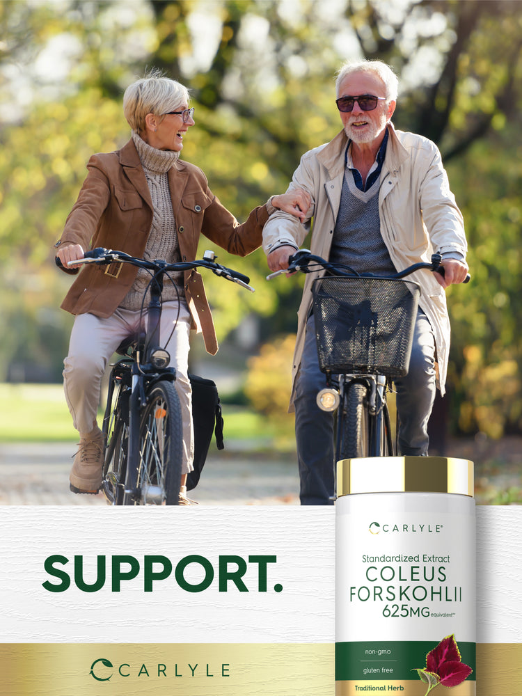 Lifestyle image of older adults riding bicycles outdoors with Carlyle Coleus Forskohlii 625MG bottle and graphic stating SUPPORT.