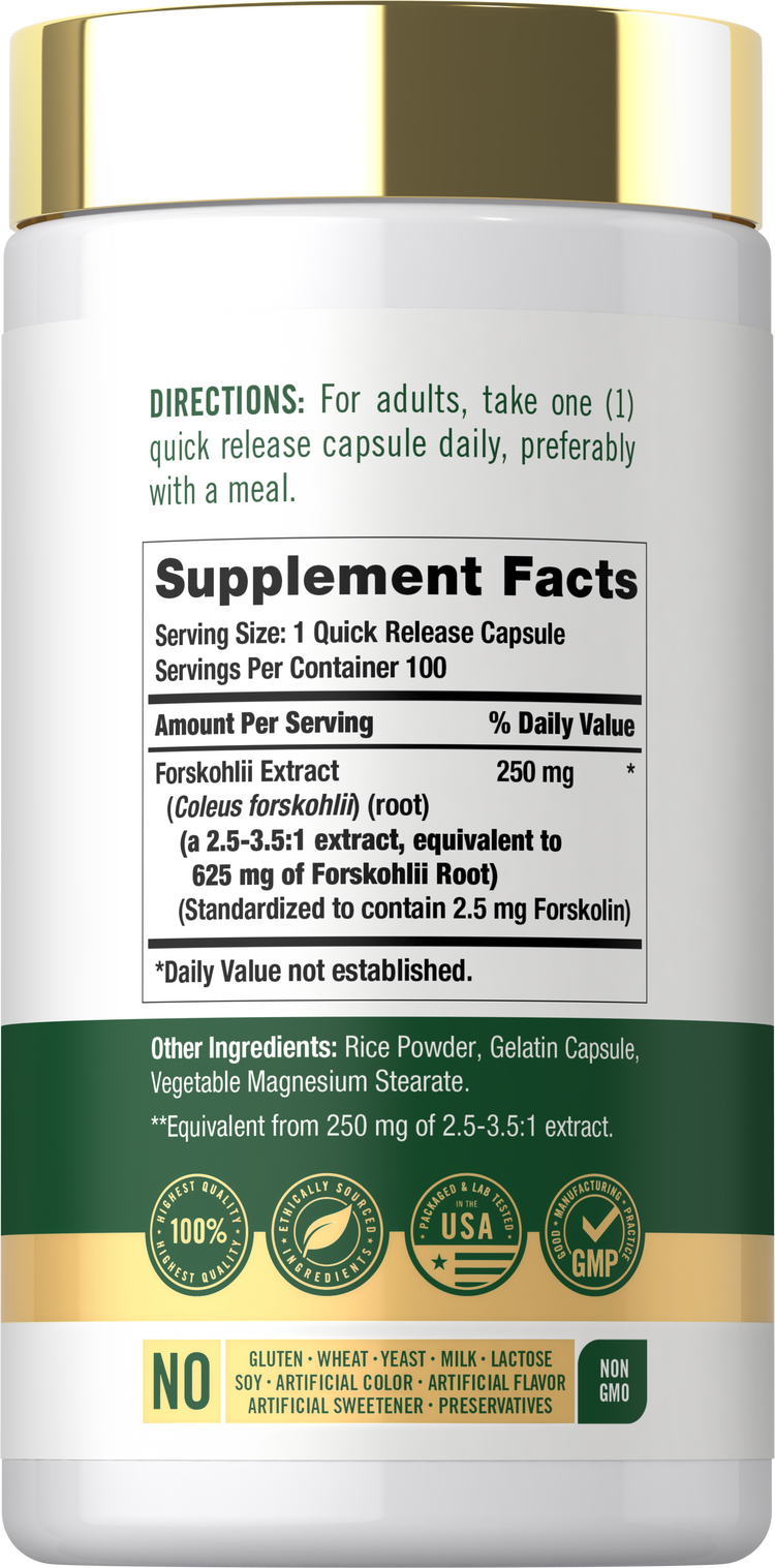 Back label / Supplement Facts for Forskolin Extract, showing 250 mg per serving, 100 servings per container