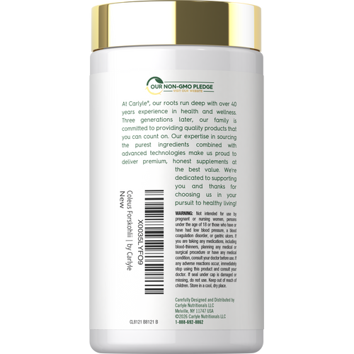 View 7 Back label for Carlyle Forskolin with Our Non-GMO Pledge, product information, directions, warning, barcode, and manufacturer information