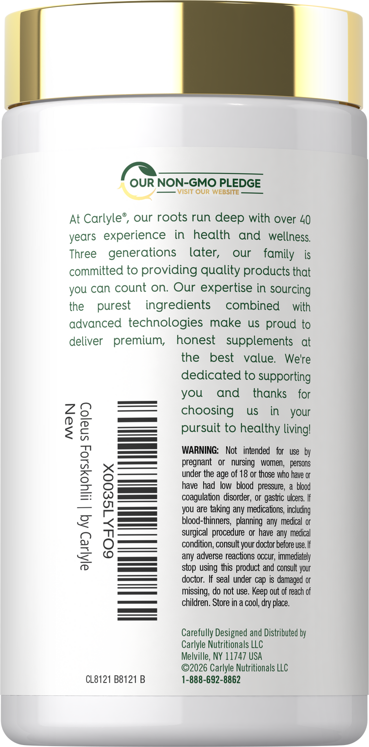 Back label for Carlyle Forskolin with Our Non-GMO Pledge, product information, directions, warning, barcode, and manufacturer information