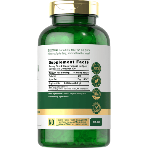 View 8 Back label / Supplement Facts for Soy Lecithin, showing 2,400 mg per serving, 120 servings per container