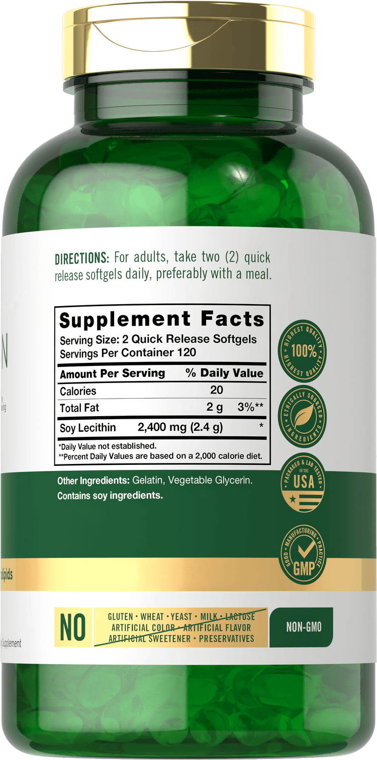 Back label / Supplement Facts for Soy Lecithin, showing 2,400 mg per serving, 120 servings per container