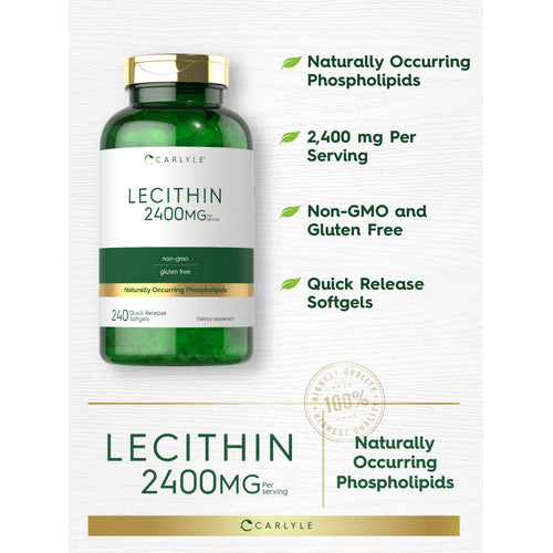 View 9 Graphic stating Naturally Occurring Phospholipids, 2,400 mg Per Serving, Non-GMO and Gluten Free, Quick Release Softgels, with Carlyle Lecithin 2400MG bottle