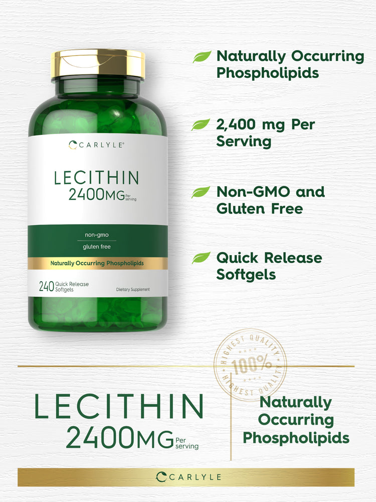 Graphic stating Naturally Occurring Phospholipids, 2,400 mg Per Serving, Non-GMO and Gluten Free, Quick Release Softgels, with Carlyle Lecithin 2400MG bottle