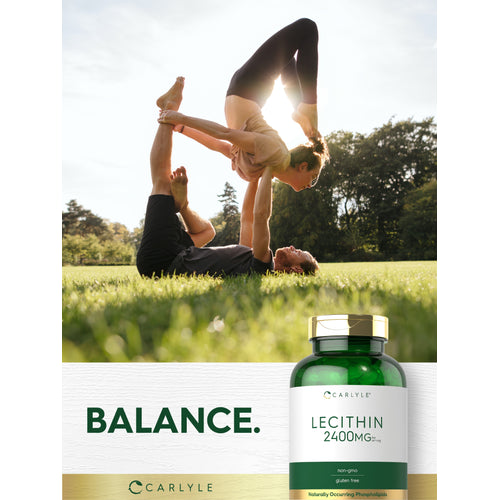 View 12 Lifestyle image of adults practicing partner yoga outdoors with Carlyle Lecithin 2400MG bottle and graphic stating BALANCE.