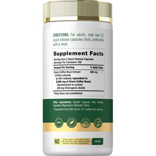 View 5 Back label / Supplement Facts for Green Coffee Bean Extract, with directions and quality certification icons.