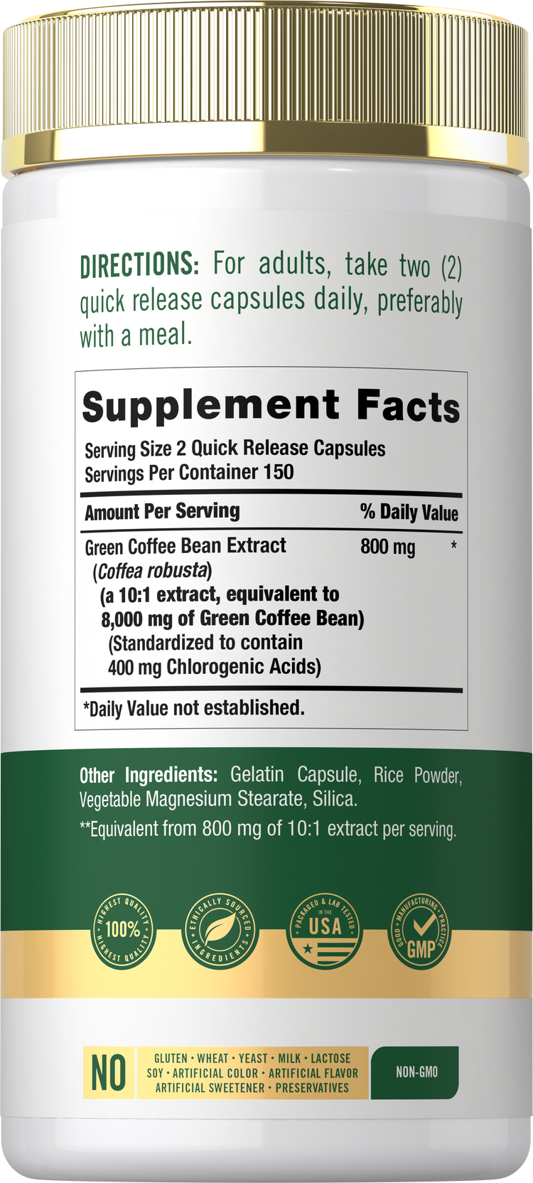 Back label / Supplement Facts for Green Coffee Bean Extract, with directions and quality certification icons.