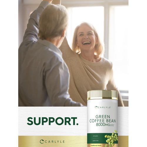 View 13 Lifestyle image of smiling older adults dancing with Green Coffee Bean 8000MG supplement bottle and graphic stating SUPPORT
