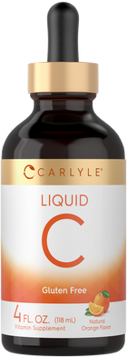 Carlyle Vitamin C Liquid, 4 fl oz (118 mL), Natural Orange Flavor, Gluten Free, shown in a hand for size reference.